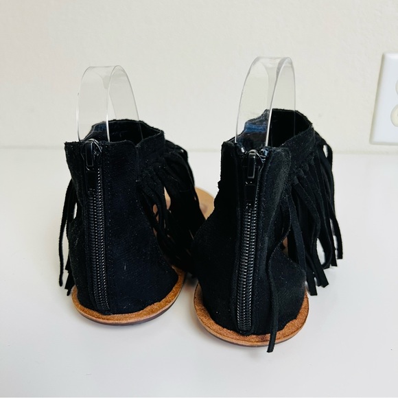 Black Suede Fringe Ankle Zip Up Brown Sole Sandals - Picture 9 of 16